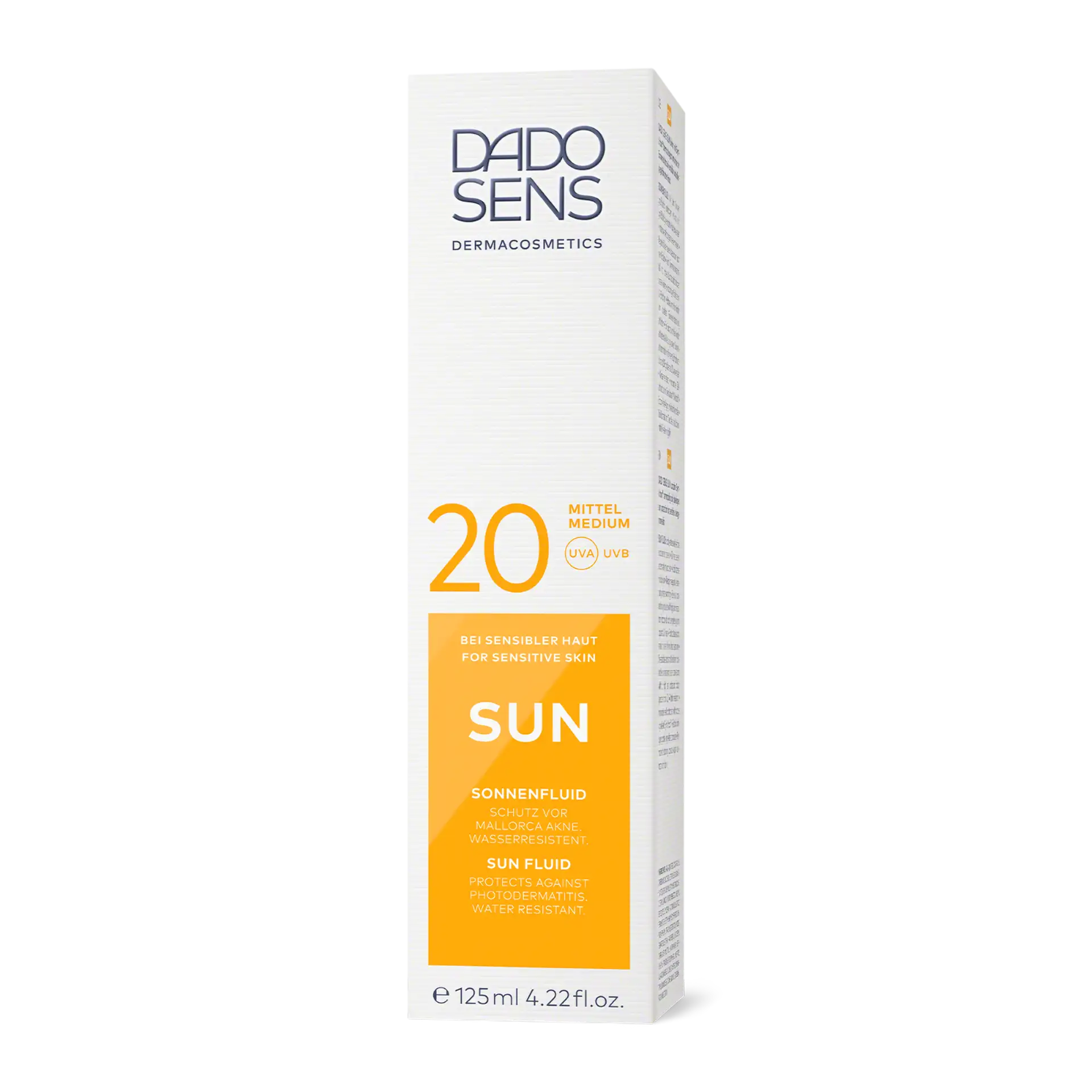 DADO SENS SUN Sonnenfluid SPF 20 für sensible Haut, wasserresistent, 125 ml Faltschachtel