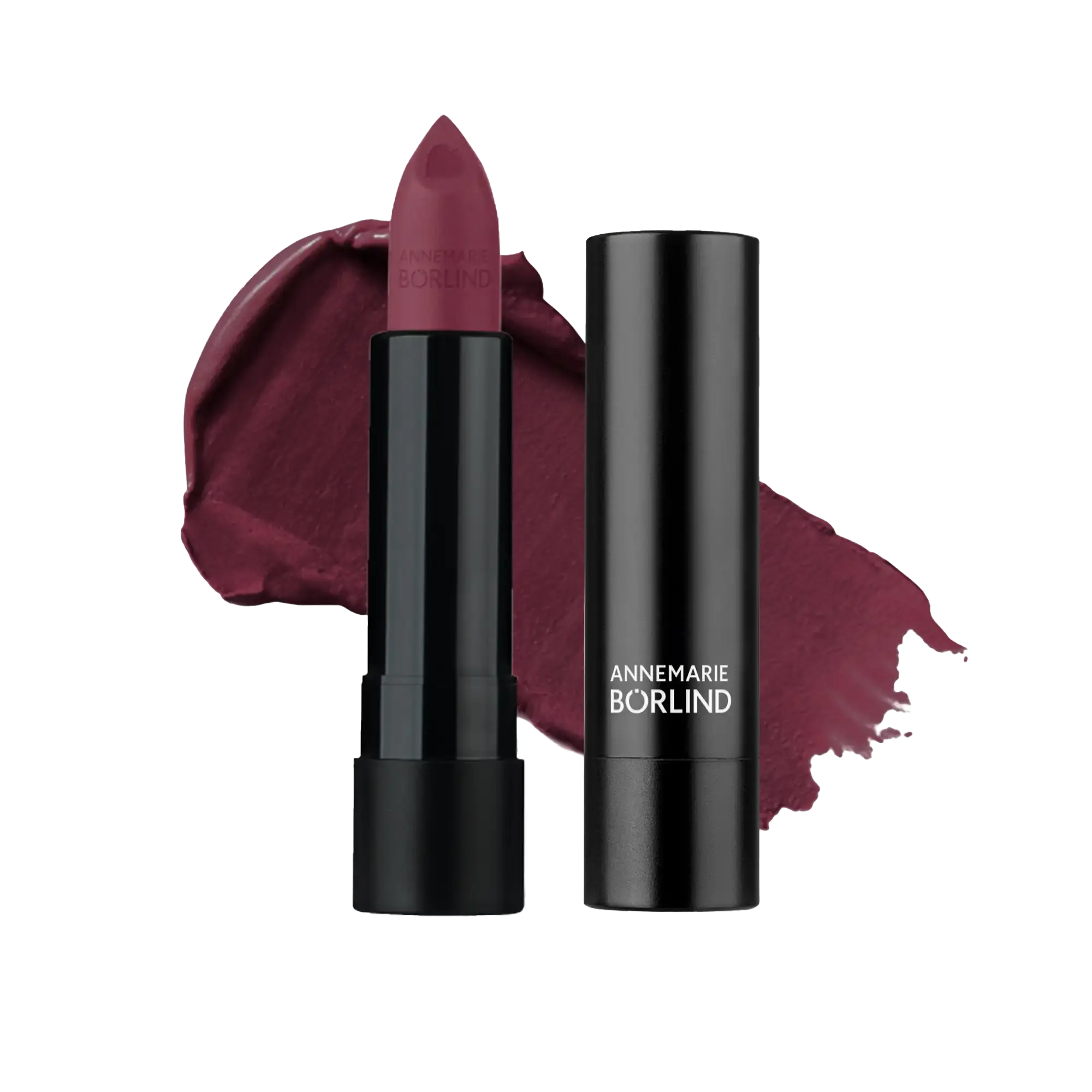 LIPSTICK MATT PASSION POWER Limited Edition ANNEMARIE BÖRLIND Lippenstift in dunklem Beerenton mit passendem Lippenstift-Tube und Farbauftrag im Hintergrund