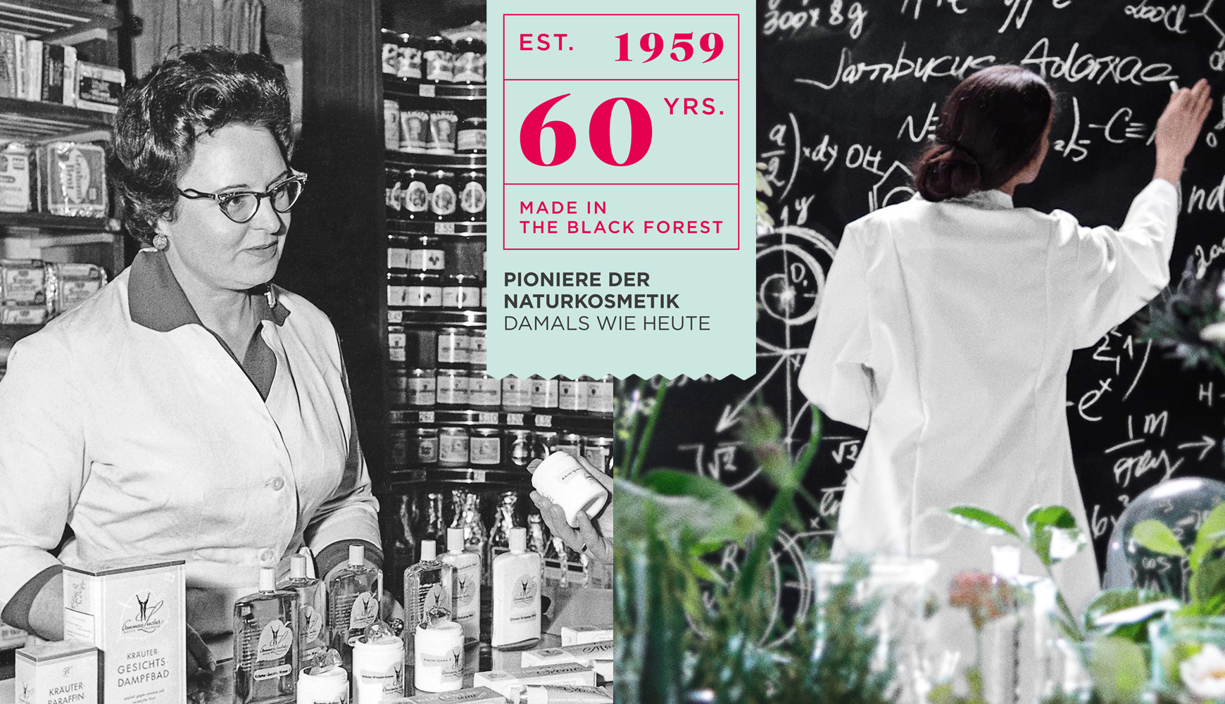 Links Annemarie Lindner mit Naturkosmetik-Produkten, rechts Forscherin schreibt Formeln an Tafel, 60 Jahre Jubiläum