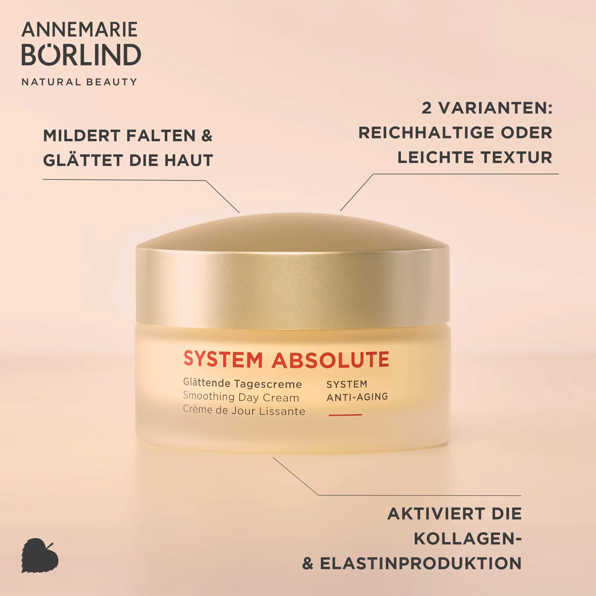 SYSTEM ABSOLUTE glättende Tagescreme von ANNEMARIE BÖRLIND mit Anti-Aging, zwei Texturvarianten, aktiviert Kollagenproduktion