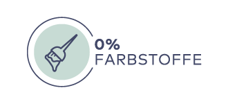 Symbol einer Pinselspitze in Kreis mit Text "0 % Farbstoffe" in blauer Schrift