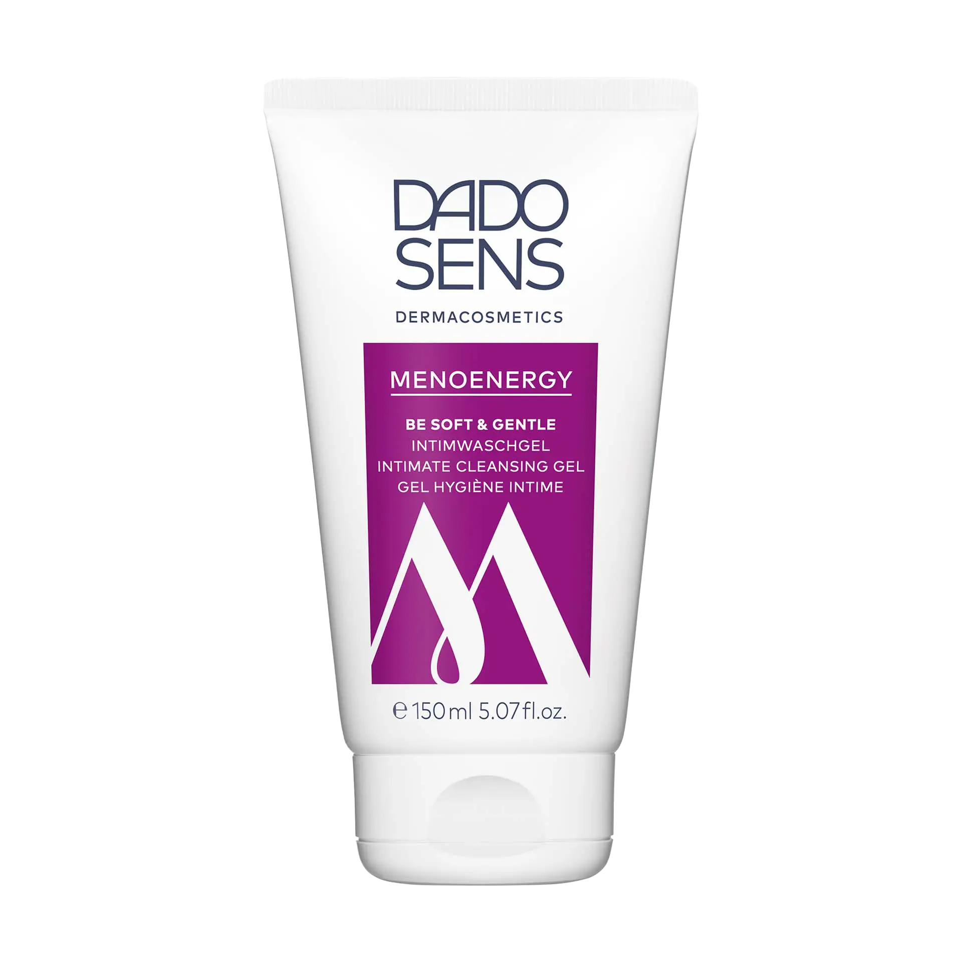 BE SOFT & GENTLE Intimate Cleansing Gel DADO SENS MENOENERGY Intimwaschgel 150 ml für tägliche sanfte Reinigung, weiße Tube mit Lila Aufschrift