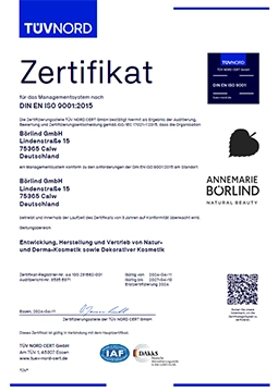 ISO 9001:2015-Zertifikat der TÜV NORD CERT für Börlind GmbH – Qualitätsmanagement für Natur-, Derma- und dekorative Kosmetik. Gültig bis April 2027.