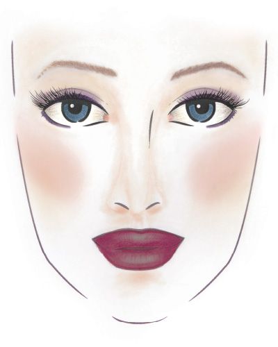Gesicht mit violettem Lidschatten, langen Wimpern, rosigen Wangen und dunklem Beerenton auf den Lippen