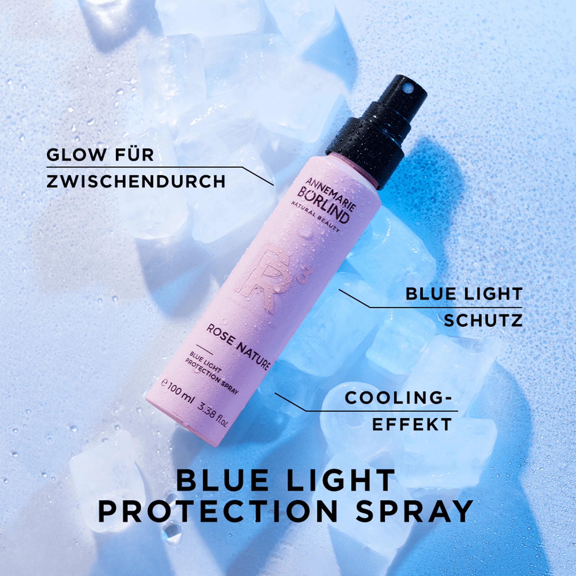 ANNEMARIE BÖRLIND Blue Light Protection Spray auf Eiswürfeln mit Cooling-Effekt und Schutz vor Blaulicht