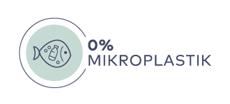Symbol eines Fisches mit Mikroplastikpartikeln und Schriftzug "0% MIKROPLASTIK" in Blau und Grün