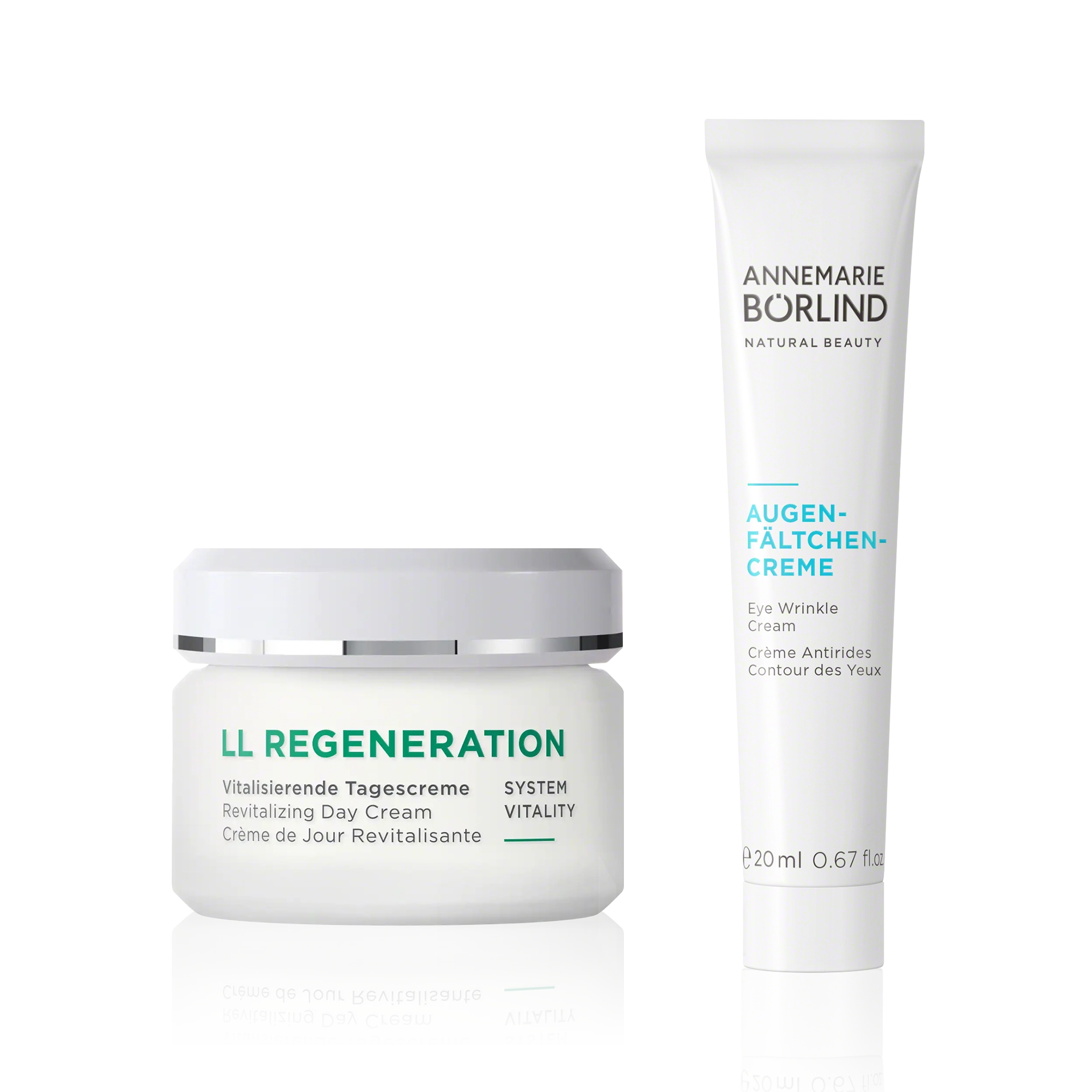 Renew and Restore Duo ANNEMARIE BÖRLIND LL REGENERATION Tagescreme und Augenfältchencreme im weißen Tiegel und Tube