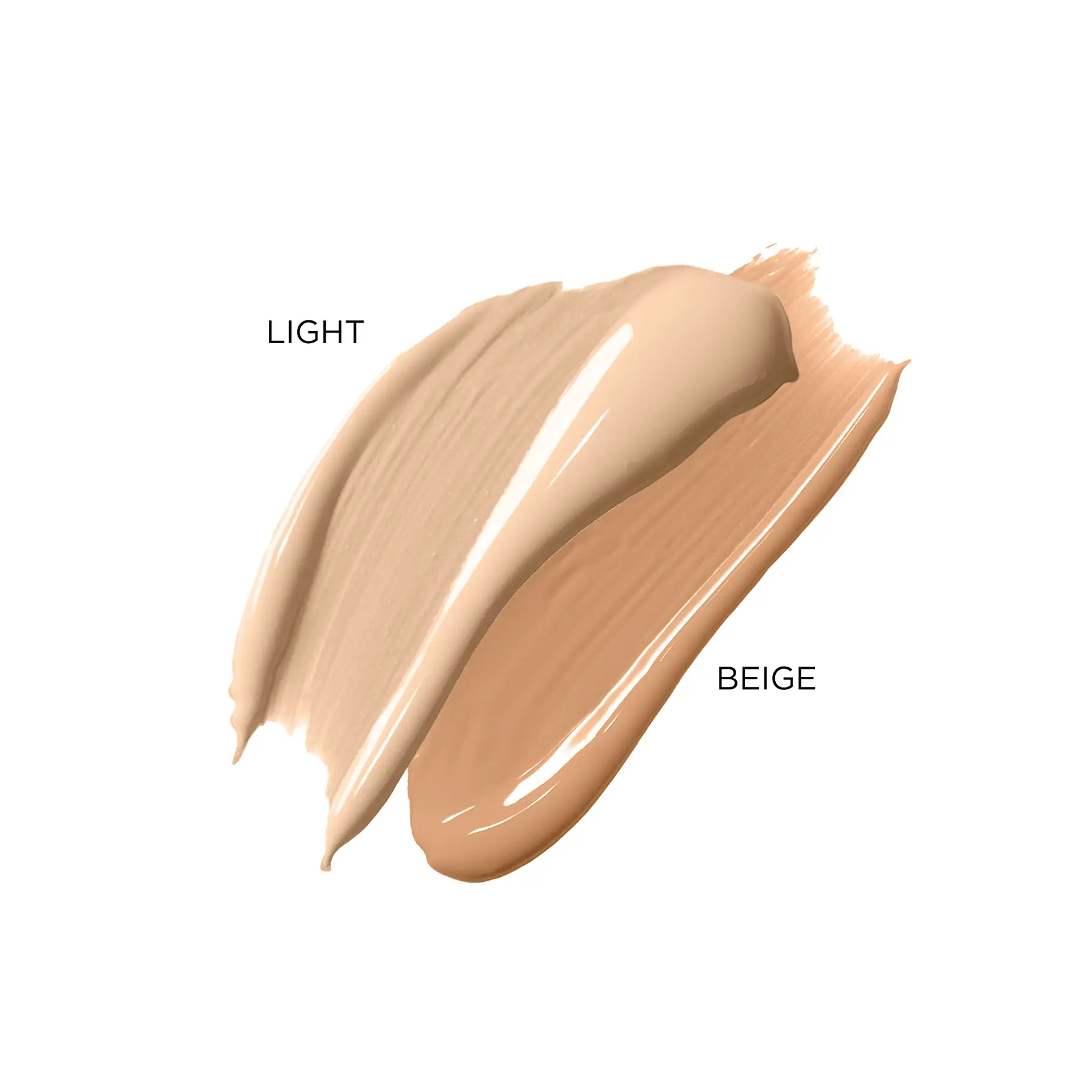 Zwei Make-up-Farbschichten in den Tönen Light und Beige mit cremiger Textur auf weißem Hintergrund