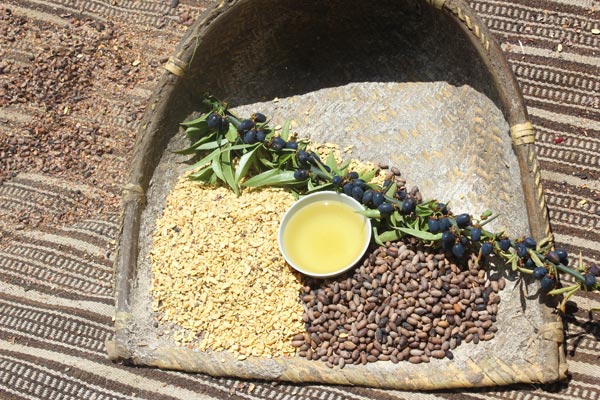 Schale mit gelben und braunen Samen, Zweig mit blauen Beeren und kleine Schale mit gelbem Öl auf Teppich