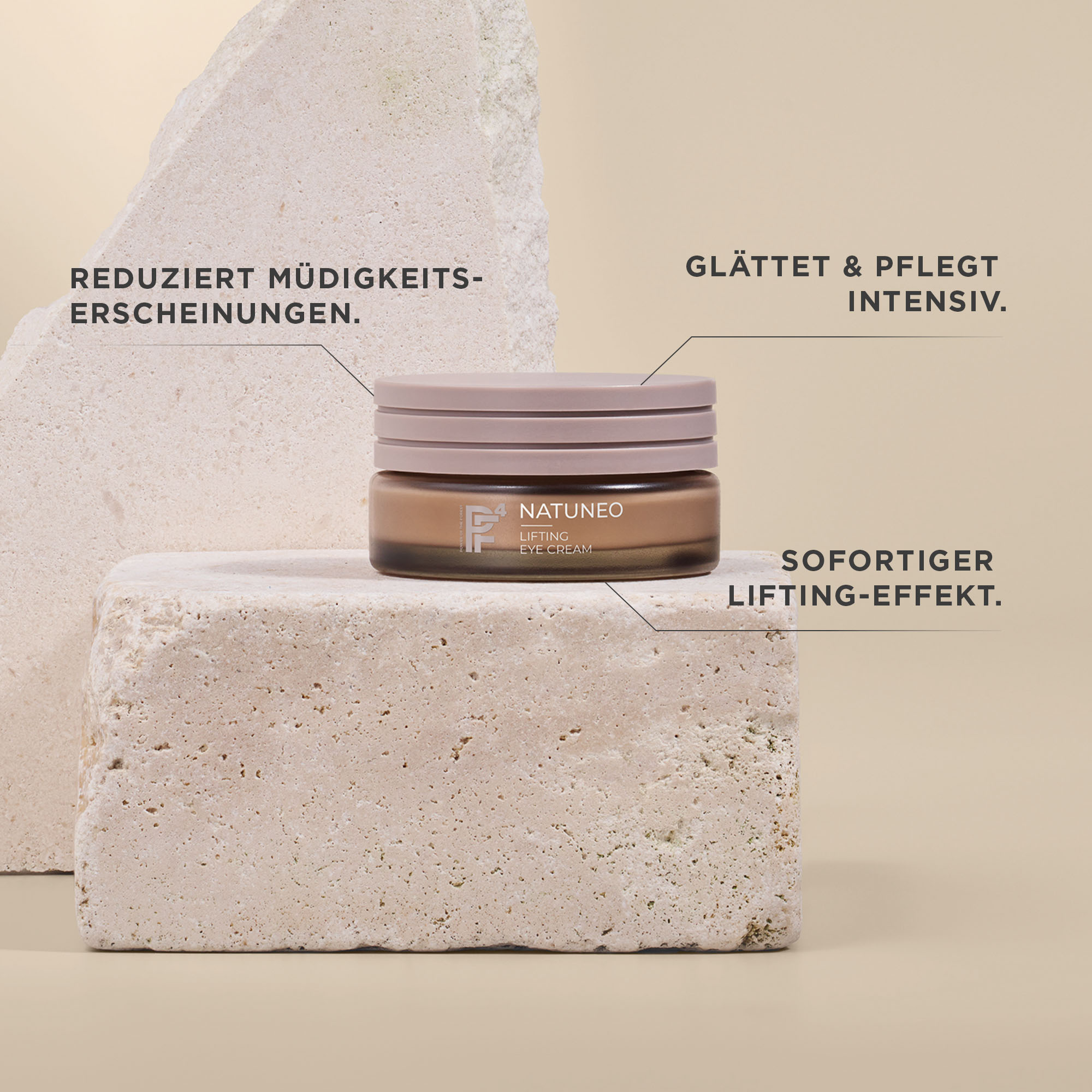 NATUNEO Lifting Eye Cream auf Stein mit Hinweisen zu Müdigkeitsreduktion, glättender Pflege und Lifting-Effekt