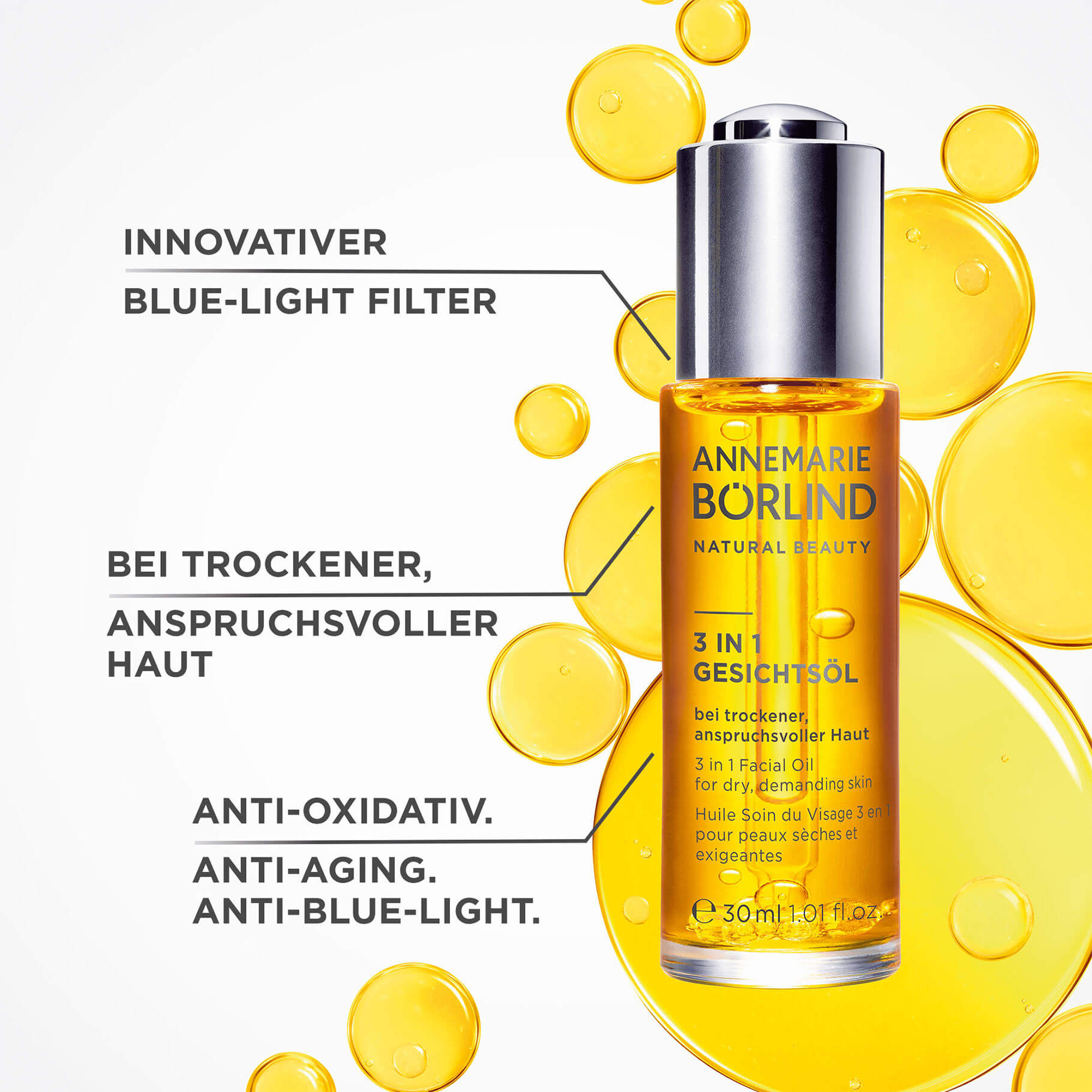 ANNEMARIE BÖRLIND 3 in 1 Gesichtsöl mit Blue-Light-Filter für trockene, anspruchsvolle Haut, 30 ml