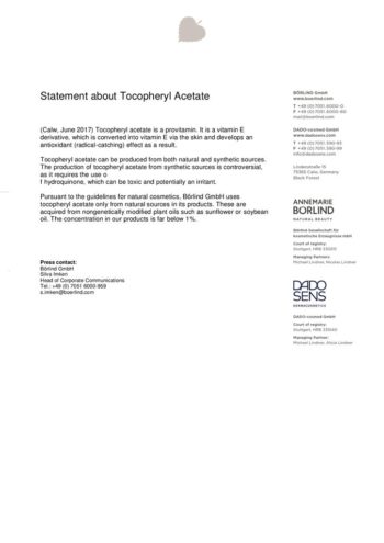 Textseite mit Informationen zu Tocopheryl Acetate als Vitamin E-Derivat von ANNEMARIE BÖRLIND und DADO SENS