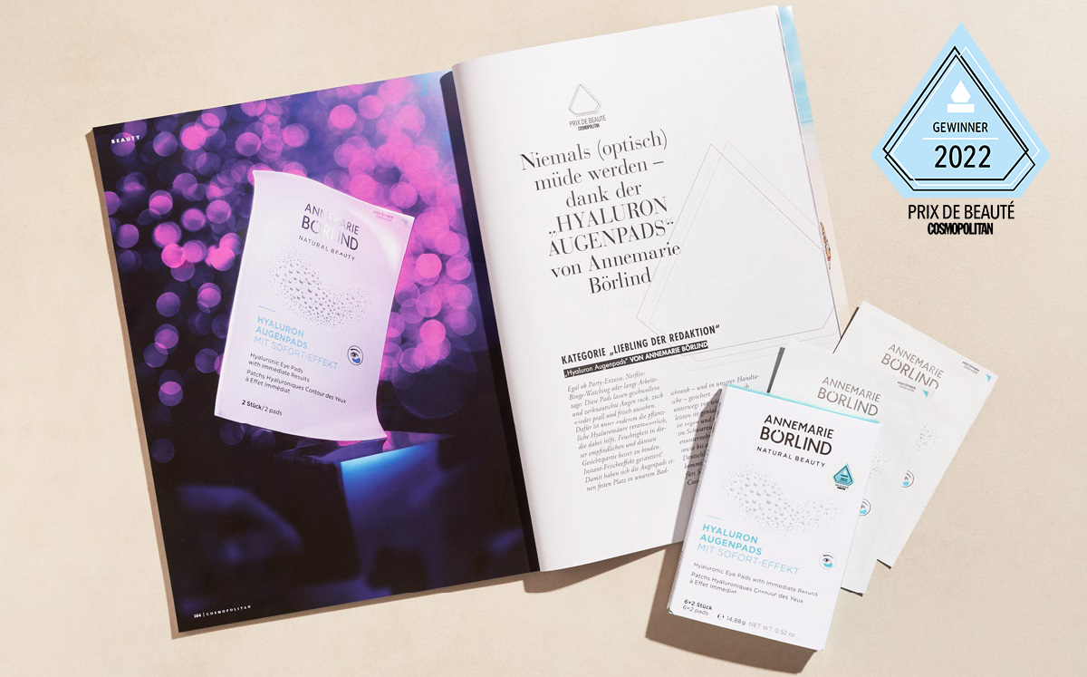 ANNEMARIE BÖRLIND Hyaluron Augenpads mit Sofort-Effekt, Magazinseite und Auszeichnung 2022 sichtbar
