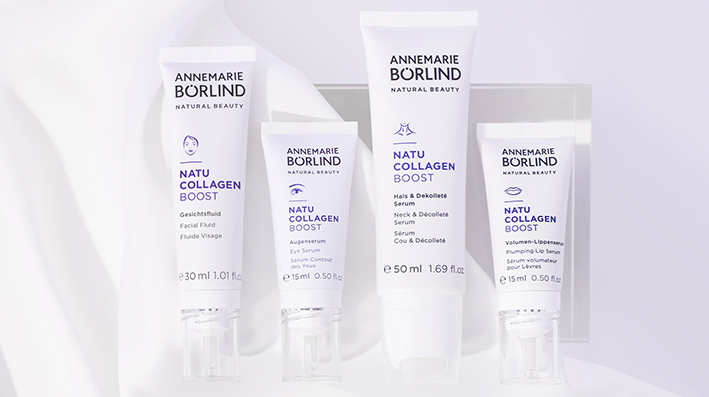 ANNEMARIE BÖRLIND NATU COLLAGEN BOOST mit Gesichtsfluid, Augenserum, Hals- & Dekolleté-Serum, Lippenserum