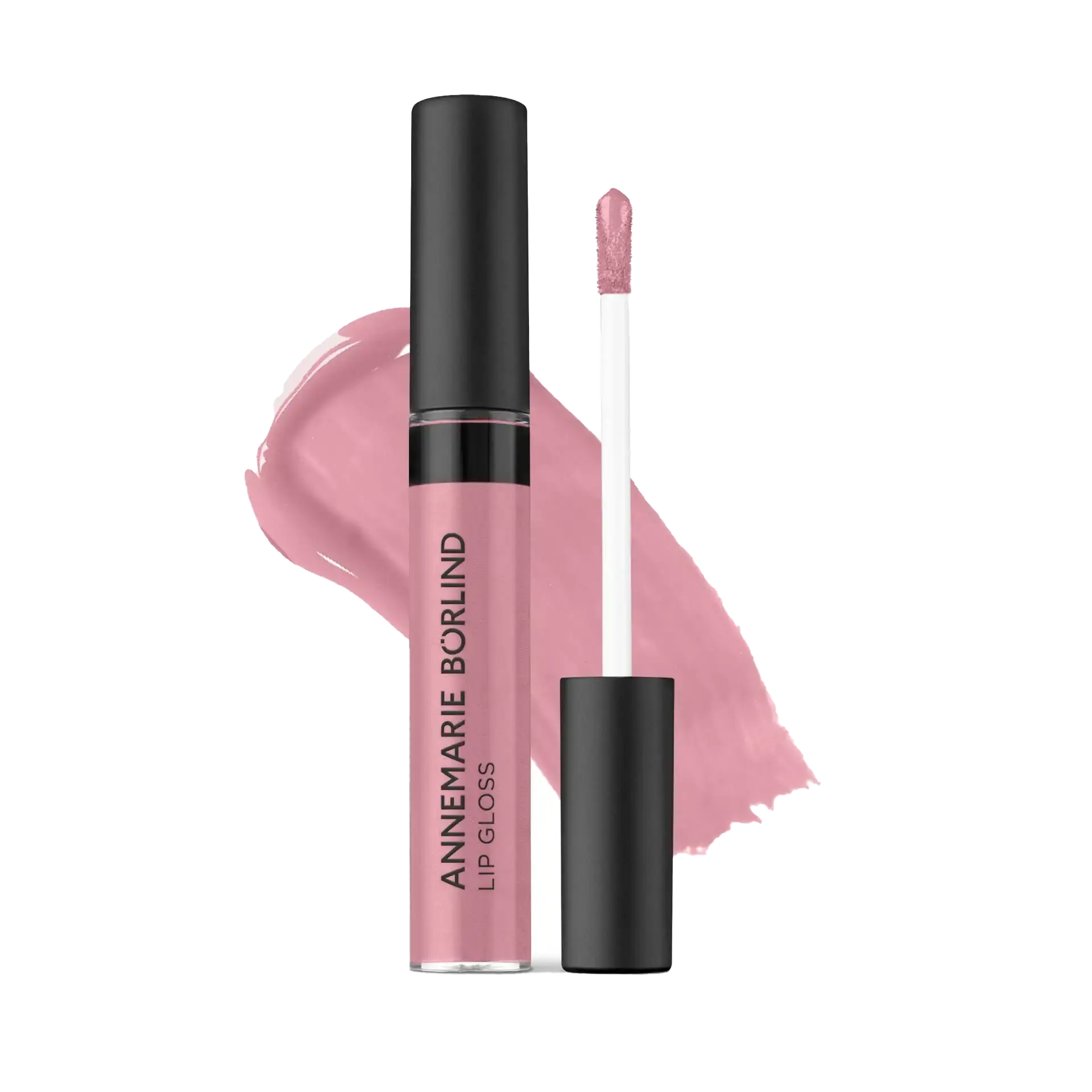 LIP GLOSS RASPBERRY ANNEMARIE BÖRLIND Lip Gloss in Rosé mit Applikator und Farbauftrag im Hintergrund