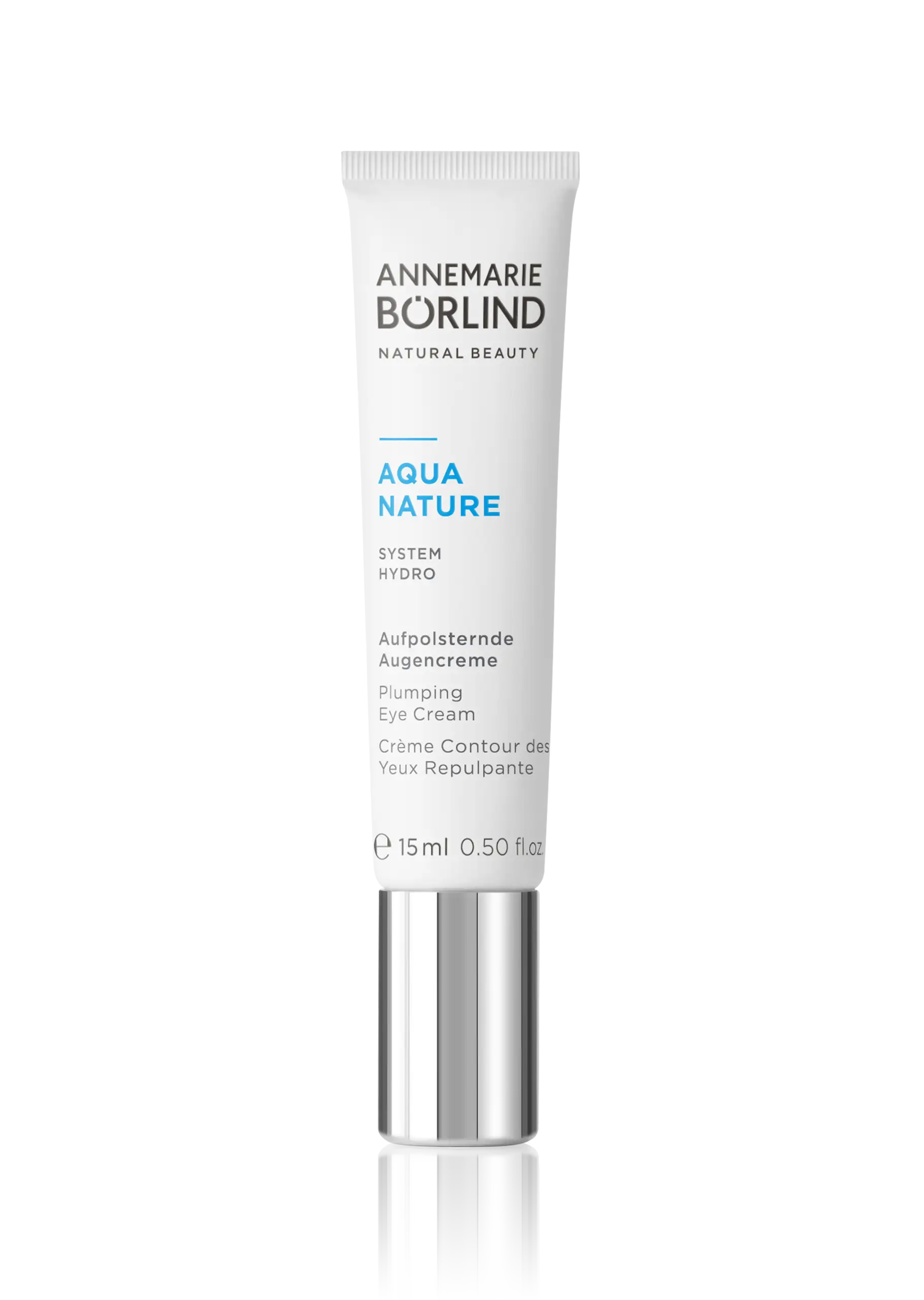 Plumping Eye Cream ANNEMARIE BÖRLIND AQUA NATURE aufpolsternde Augencreme in 15 ml Tube mit silbernem Verschluss