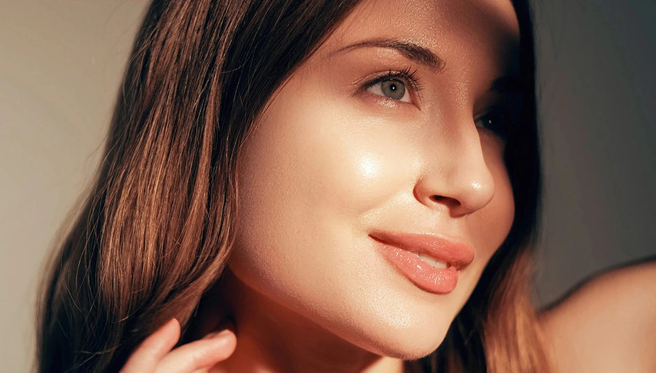 Nahaufnahme eines lächelnden Models mit blauen Augen und glowy Haut im warmen Licht – ein natürlicher, strahlender Look.