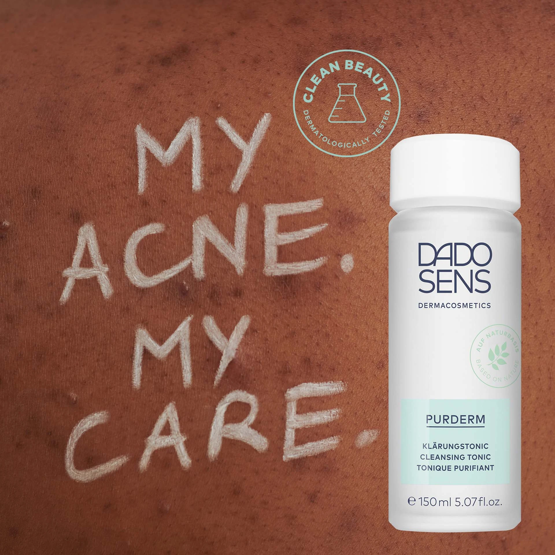 DADO SENS PURDERM Klärungstonic vor dunkler Haut mit Akne, Schriftzug "MY ACNE. MY CARE." und Clean Beauty Siegel