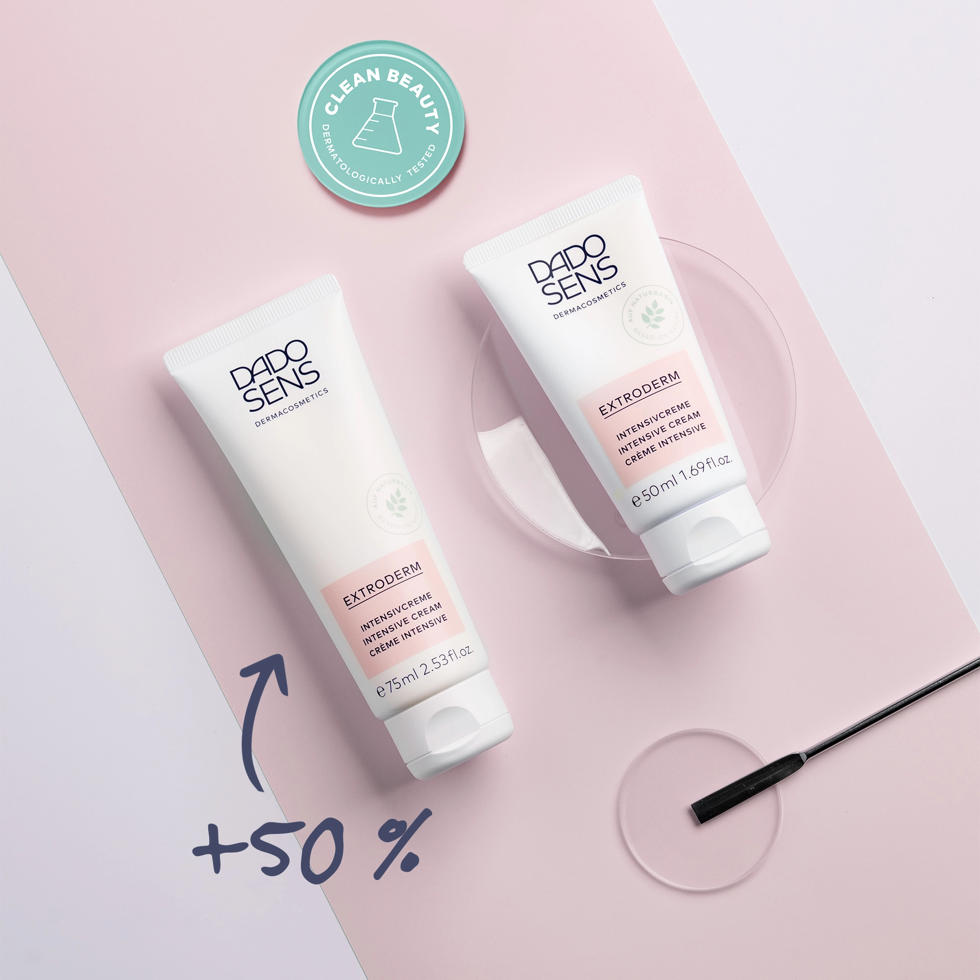 DADO SENS EXTRODERM Intensivcreme 75 ml mit 50 % mehr Inhalt neben 50 ml Tube auf rosa Hintergrund
