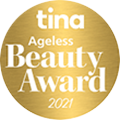 Goldfarbene Auszeichnung mit Schriftzug "tina Ageless Beauty Award 2021" auf rundem Hintergrund
