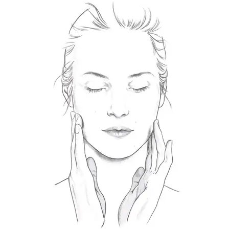 Make-up empfindliche Haut Schwarz-weiße Zeichnung einer Frau mit geschlossenen Augen, die sanft ihre Gesichtshaut mit beiden Händen berührt – zeigt Gesichtspflege vor dem Auftragen von Make-up bei empfindlicher Haut.