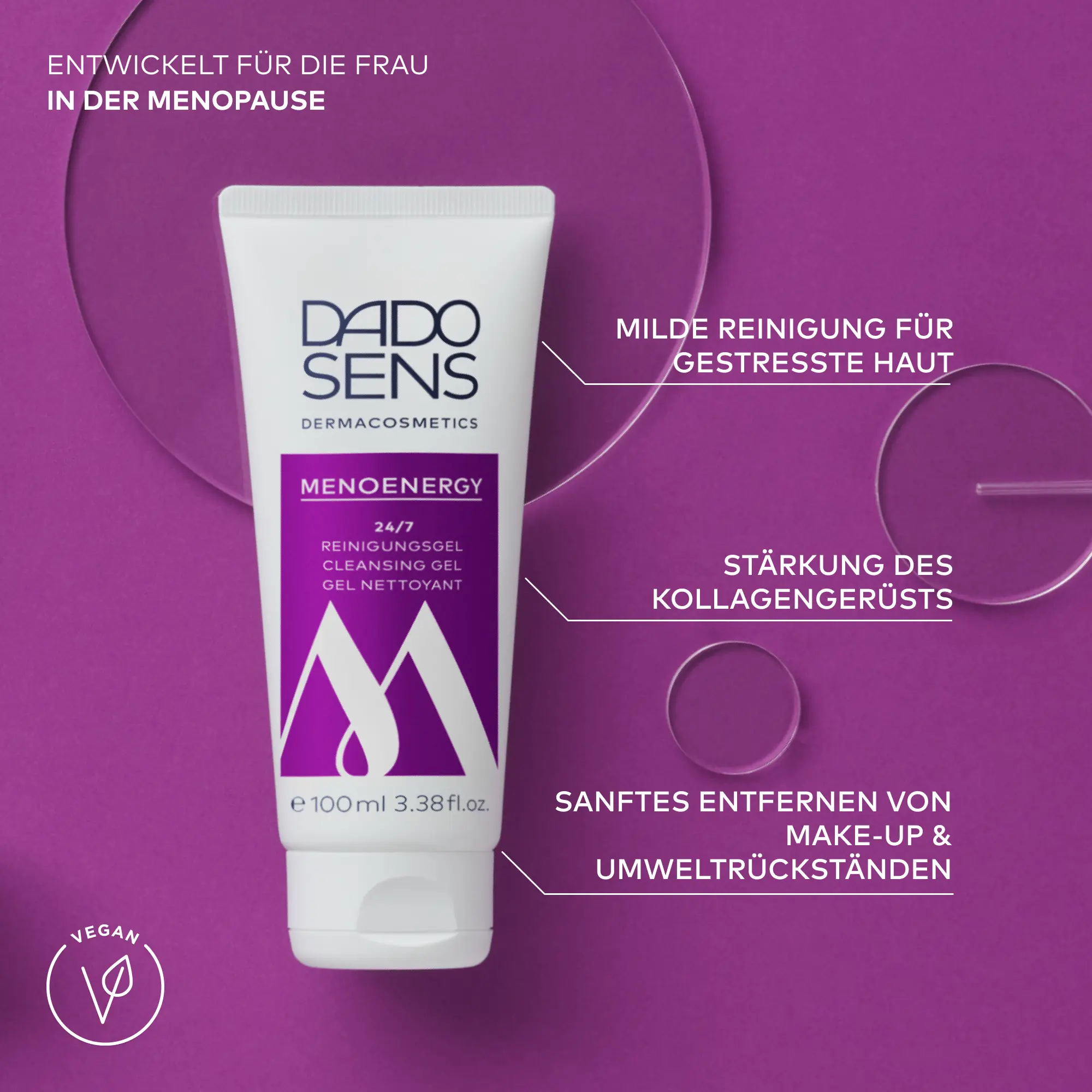 DADO SENS MENOENERGY Reinigungsgel für gestresste Haut, Kollagenstärkung, vegan, 100 ml