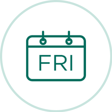 Kalendersymbol mit der Abkürzung FRI für Freitag, grüne Linie auf weißem Hintergrund