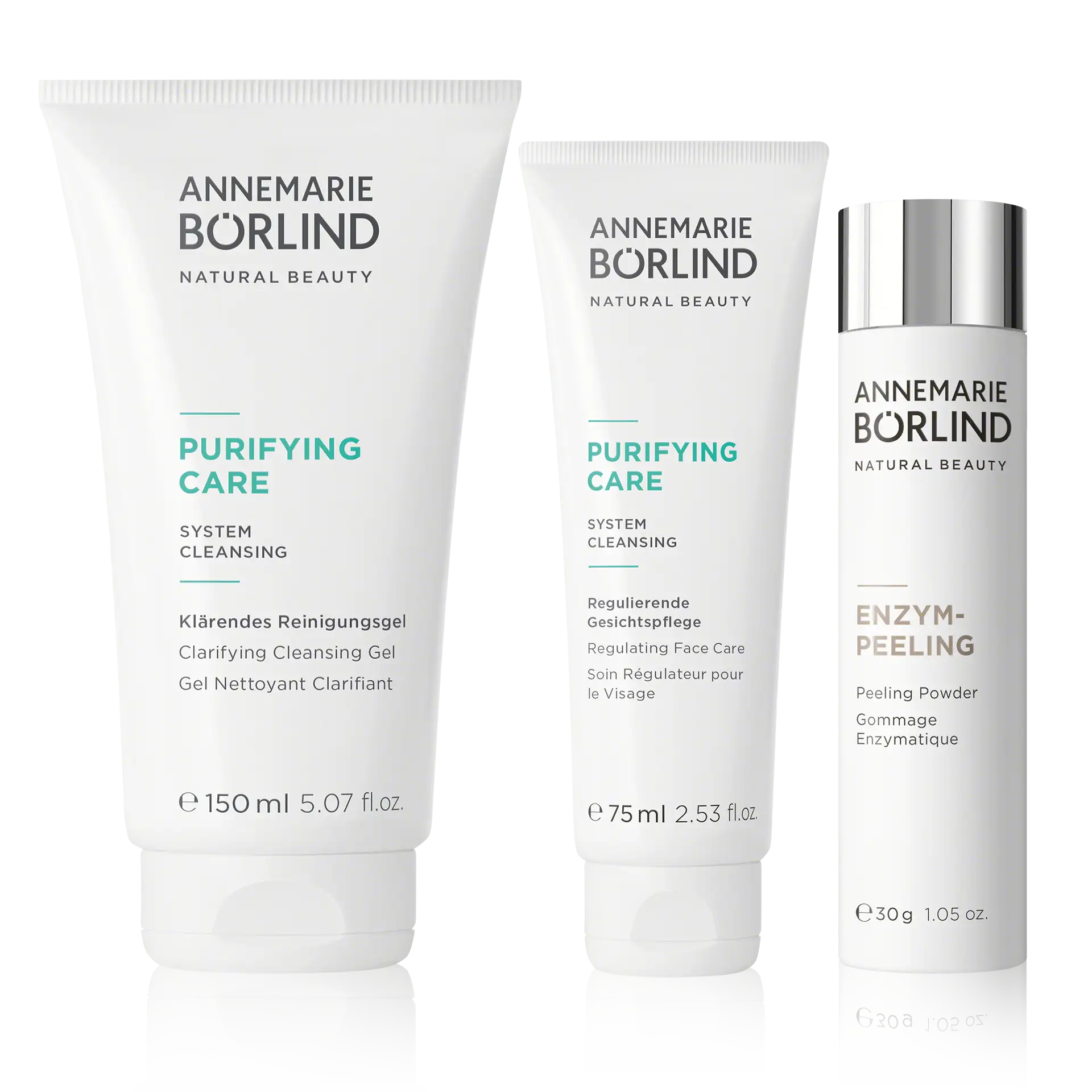 Anti-Akne-Set ANNEMARIE BÖRLIND PURIFYING CARE klärendes Reinigungsgel 150 ml, regulierende Gesichtspflege 75 ml, Enzym-Peeling 30 g