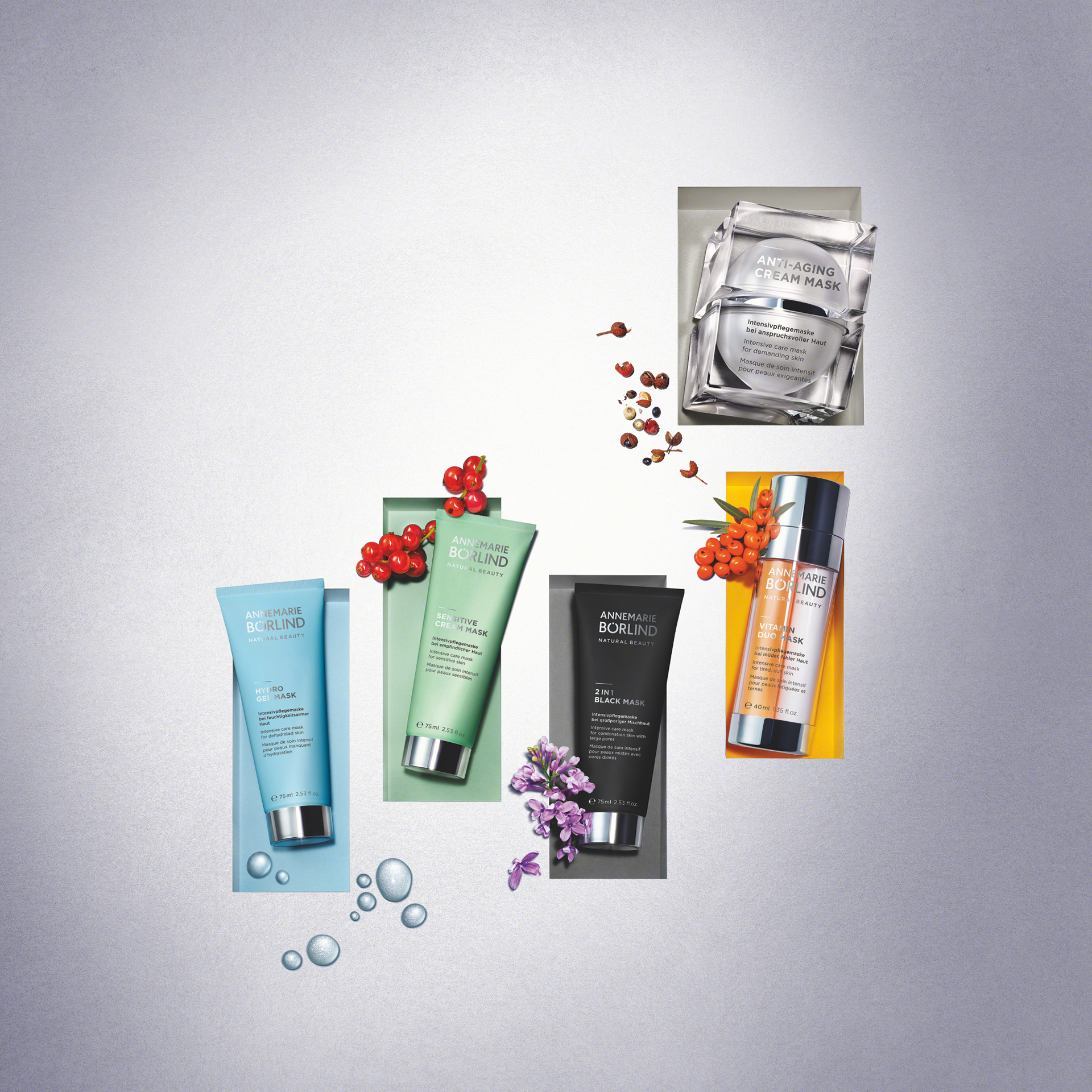ANNEMARIE BÖRLIND Hydro Gel Mask, Sensitive Cream Mask, 2 in 1 Black Mask und Vitamin Duo Mask mit Pflanzen-Dekor