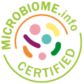 Mikrobiomfreundliches Zertifikat mit bunten Mikroorganismen-Symbolen und grünem Schriftzug