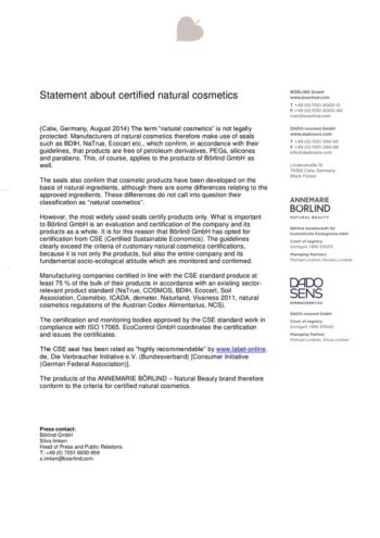 Statement zur Zertifizierung von Naturkosmetik mit Erläuterungen zu Siegeln und Standards von ANNEMARIE BÖRLIND und DADO SENS