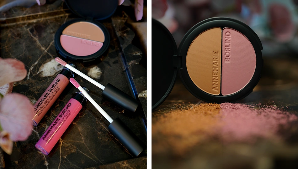ANNEMARIE BÖRLIND 2in1 Bronzer & Blush und Natural Volume Lip Gloss in herbstlichen Farben auf dunkler Marmorfläche