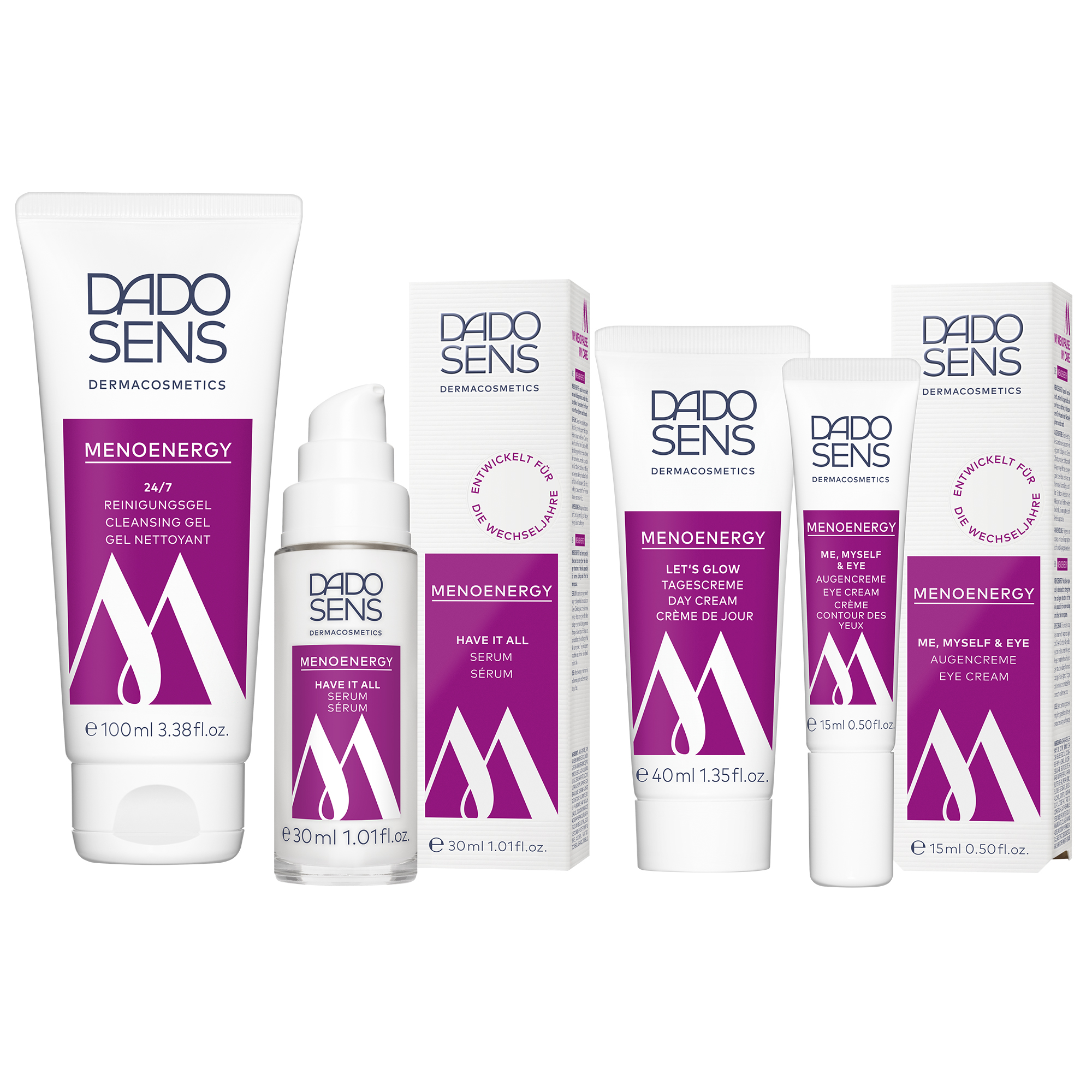 DADO SENS MENOENERGY Reinigungs-Gel, Serum, Tagescreme und Augencreme für die Wechseljahre