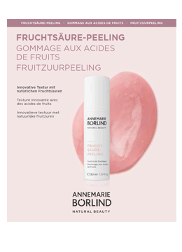 ANNEMARIE BÖRLIND Fruchtsäure-Peeling in weißer Flasche mit rosa Produktprobe auf hellem Hintergrund