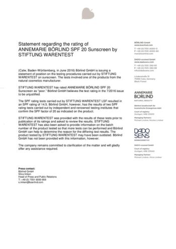 Statement von ANNEMARIE BÖRLIND zur Bewertung des SPF 20 Sun-Fluid durch STIFTUNG WARENTEST
