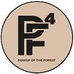 Rundes Logo mit schwarzem Schriftzug "PF4" und Text "POWER OF THE FOREST" auf beige Hintergrund