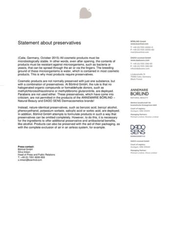 Textseite mit Erklärung zu Konservierungsstoffen in kosmetischen Produkten von ANNEMARIE BÖRLIND und DADO SENS, Firmenkont...