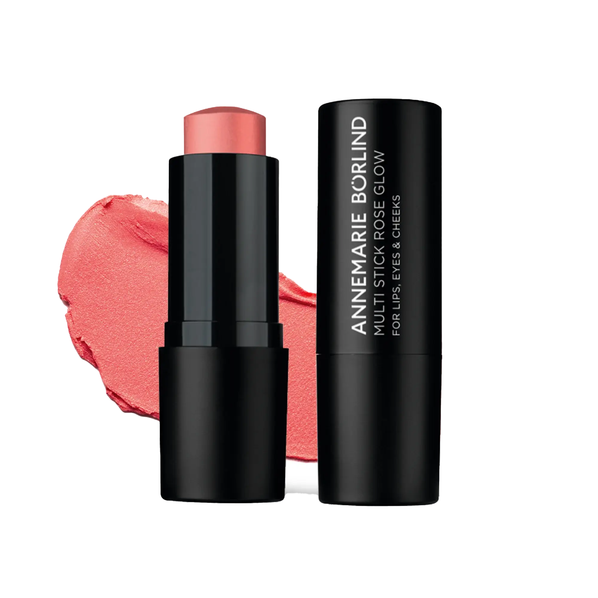 2 IN 1 BLUSH & LIPSTICK ROSE GLOW Limited Edition ANNEMARIE BÖRLIND Multi Stick Rose Glow in schwarzer Hülse mit roséfarbenem Farbauftrag im Hintergrund