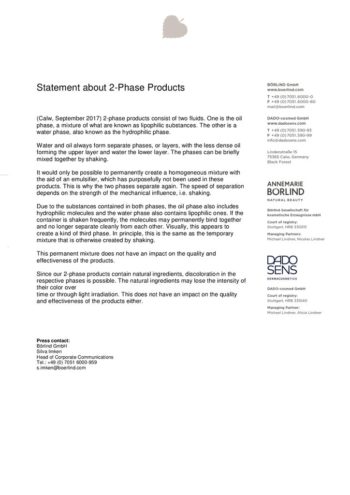 Textseite mit Erklärung zu 2-Phasen-Produkten von ANNEMARIE BÖRLIND und DADO SENS, Firmenkontaktinformationen unten rechts