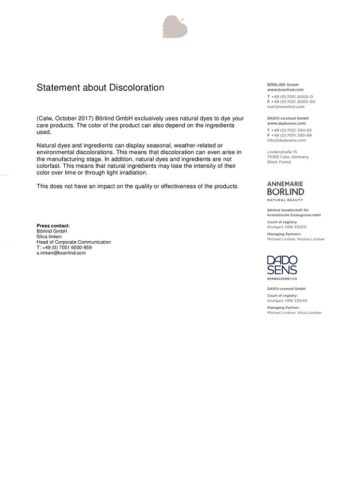 Statement zur Verfärbung von ANNEMARIE BÖRLIND und DADO SENS Produkten, Text auf weißem Hintergrund