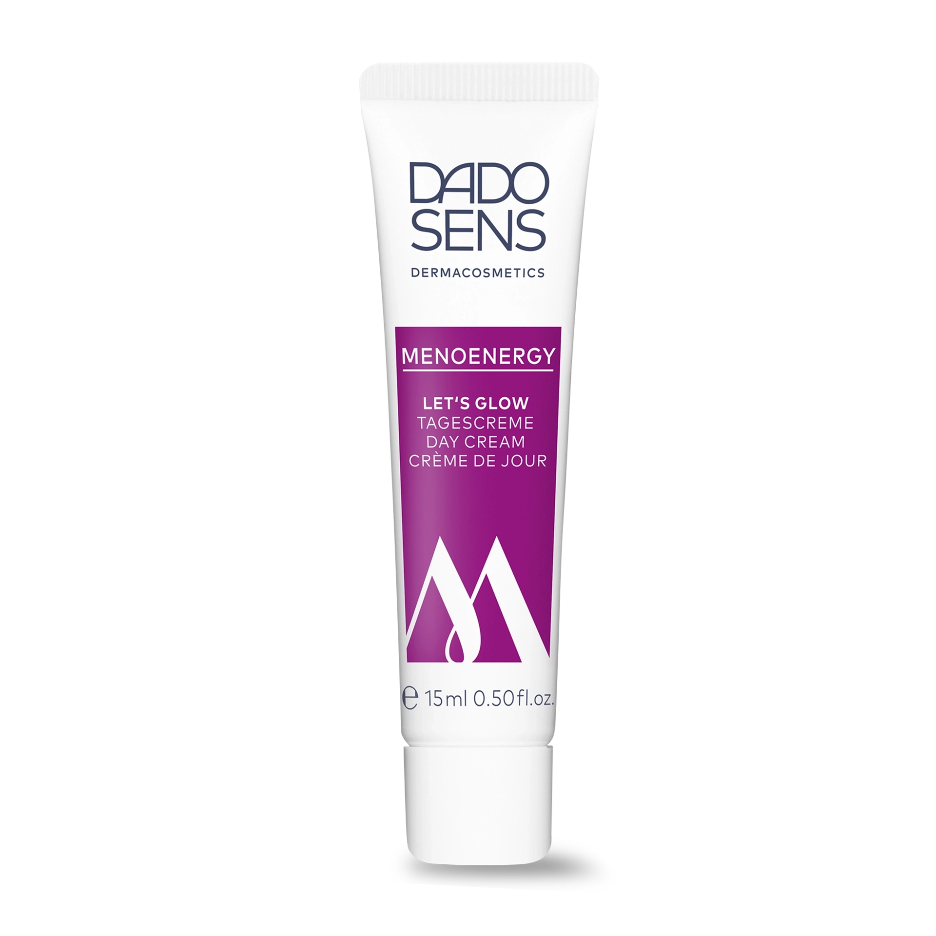 DADO SENS MENOENERGY LET'S GLOW Tagescreme Reisegröße 15 ml in weißer Tube mit lila Label