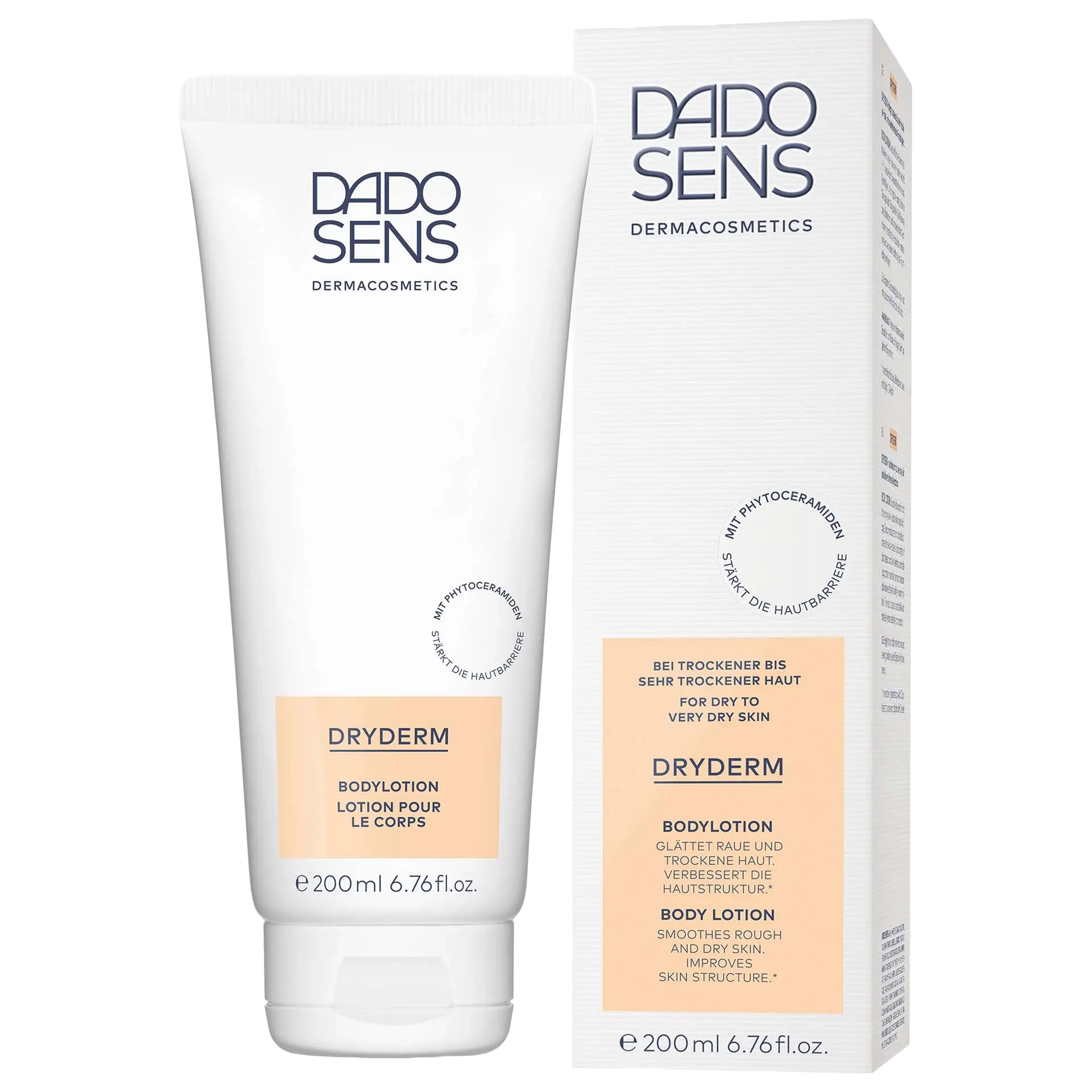 DADO SENS DRYDERM Bodylotion 200 ml für tägliche sanfte Körperpflege, weiße Tube und Faltschachtel mit hellorangenem Aufdruck