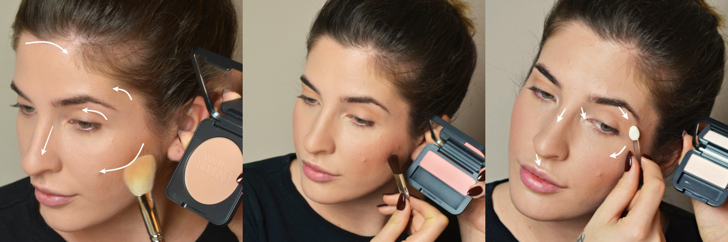 Schrittweise Anwendung von ANNEMARIE BÖRLIND Puder, Rouge und Lidschatten mit Pinseln und Applikator am Gesicht