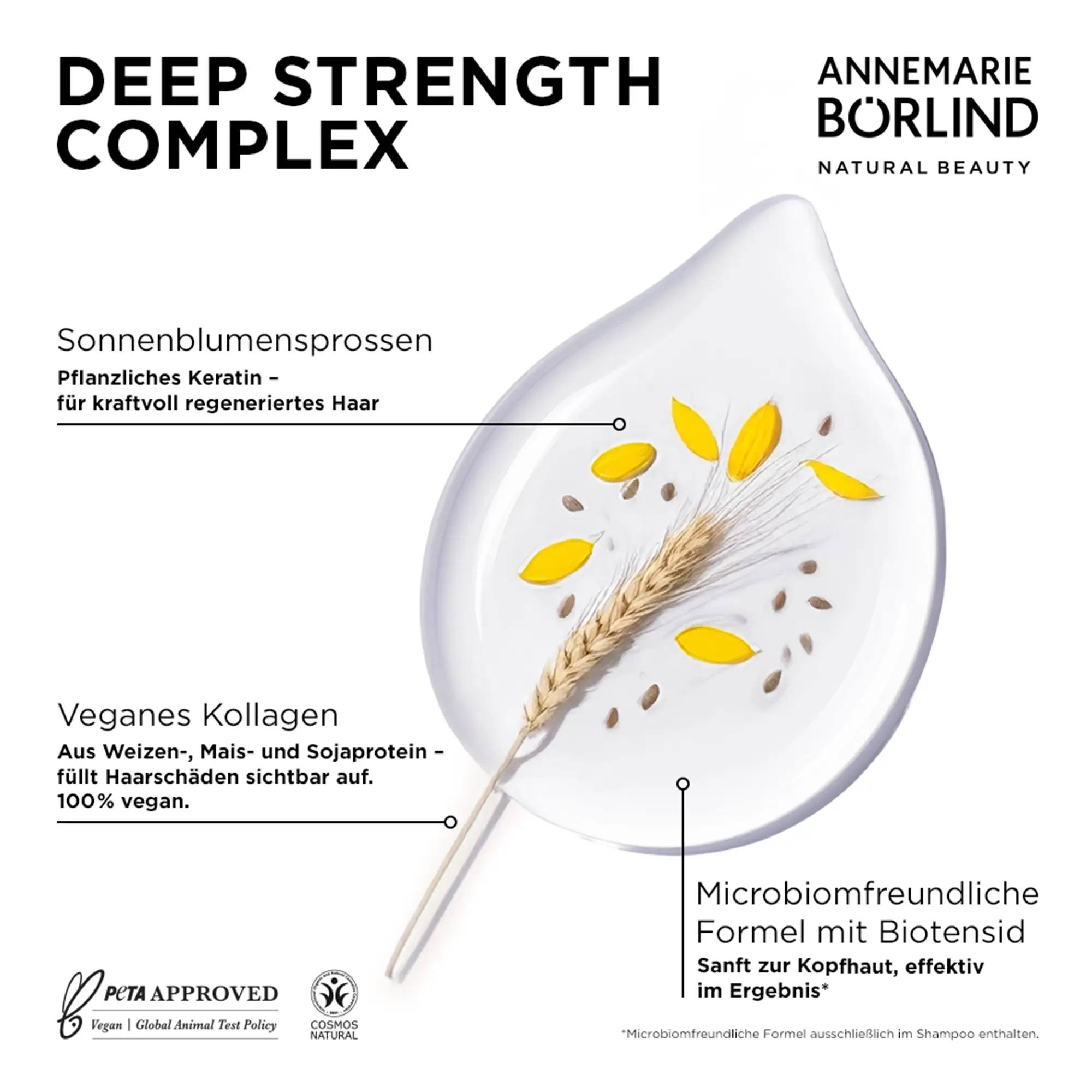 Deep Strength Complex mit Sonnenblumensprossen und veganem Kollagen aus der Hair Care Serie Hydro von ANNEMARIE BÖRLIND