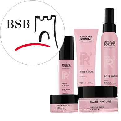 ANNEMARIE BÖRLIND ROSE NATURE Pflegeserie mit Cleanser, Schutzspray, Serum und Cream-Gel vor weißem Hintergrund und BSB-Logo