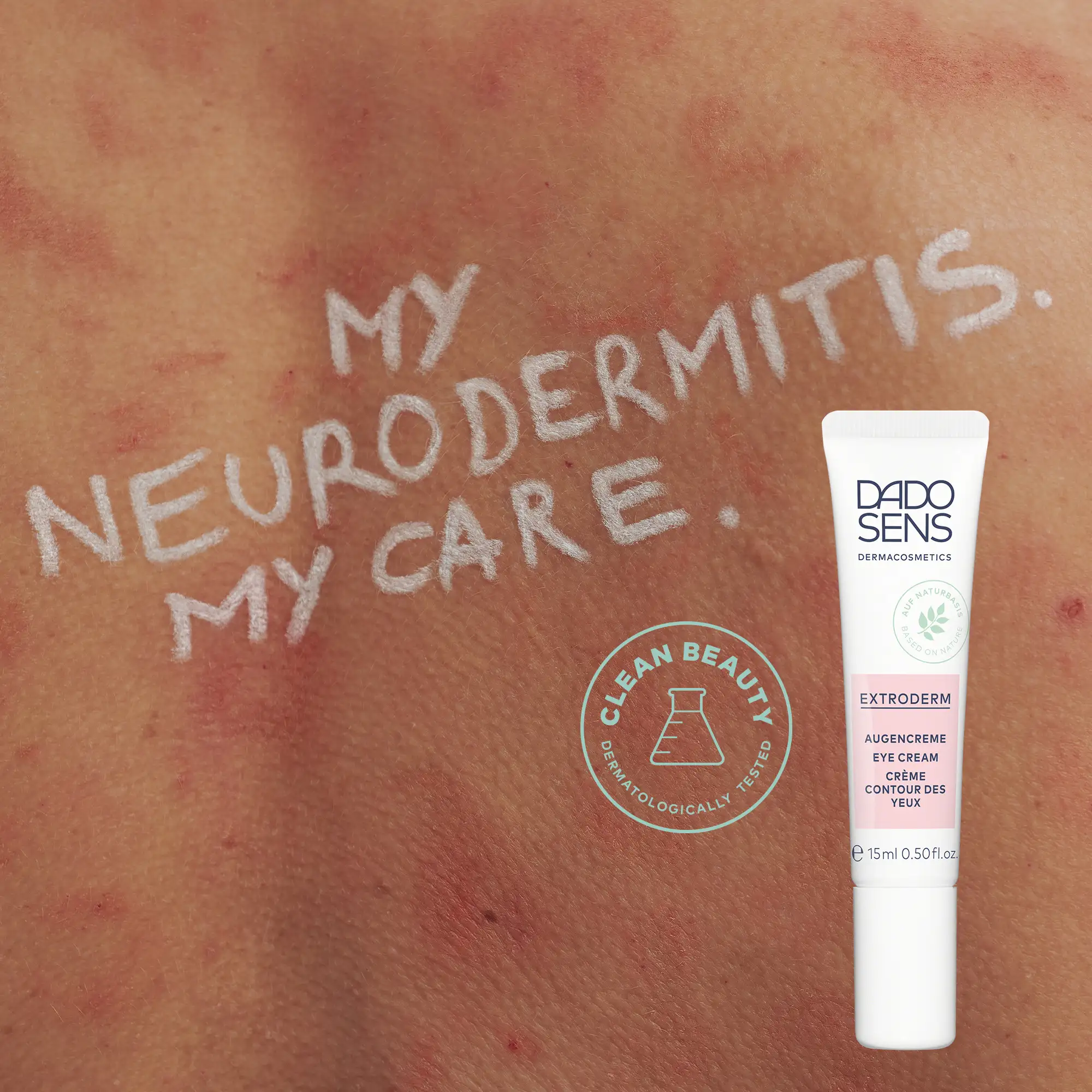 DADO SENS EXTRODERM Augencreme vor geröteter Haut mit Neurodermitis-Schriftzug und Clean Beauty Siegel