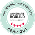 Testsiegel mit fünf roten Sternen und Text "ANNEMARIE BÖRLIND sehr gut von Verbrauchern getestet