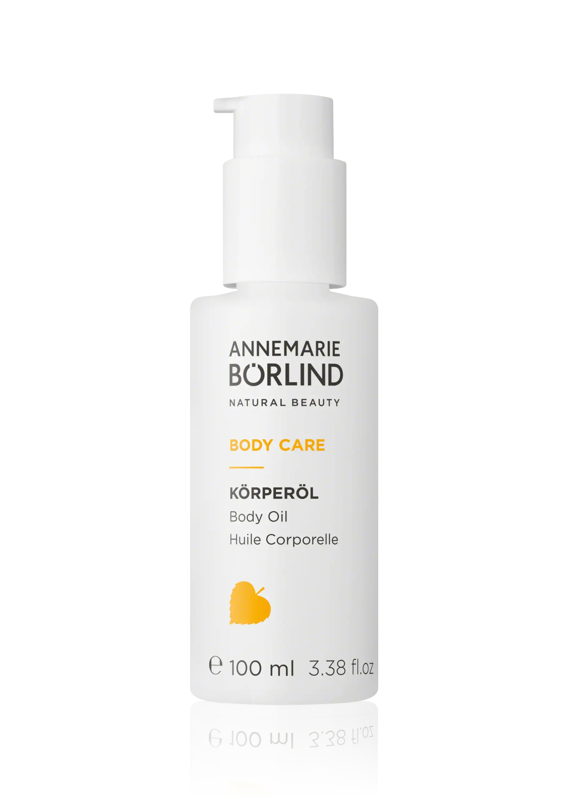 Body Oil ANNEMARIE BÖRLIND BODY CARE Körperöl im 100-ml-Spender mit orangenem Blatt-Symbol auf weißem Hintergrund