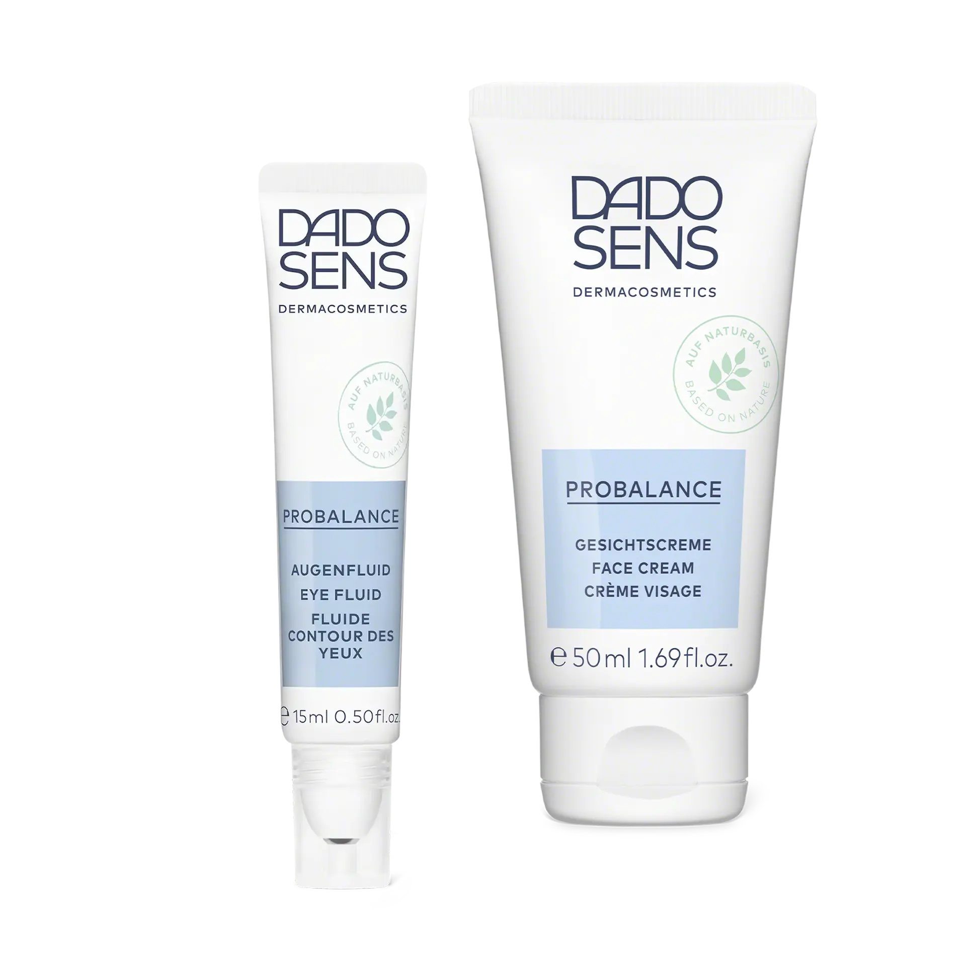 Kit allergie DADO SENS Probalance Augenfluid 15 ml und Gesichtscreme 50 ml in weißen Tuben mit blauem Label