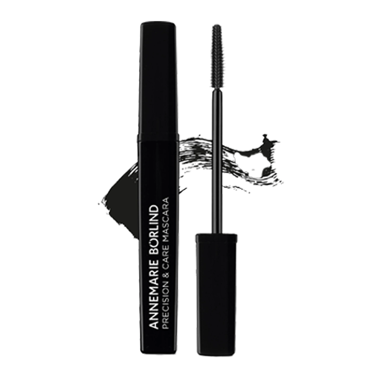No-Make-up-Look ANNEMARIE BÖRLIND Precision & Care Mascara mit feiner Bürste und schwarzem Farbstrich im Hintergrund